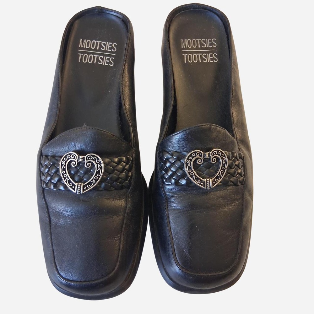 Womens Black leather Mootsies Tootsies mules with silver heart-shaped buckle